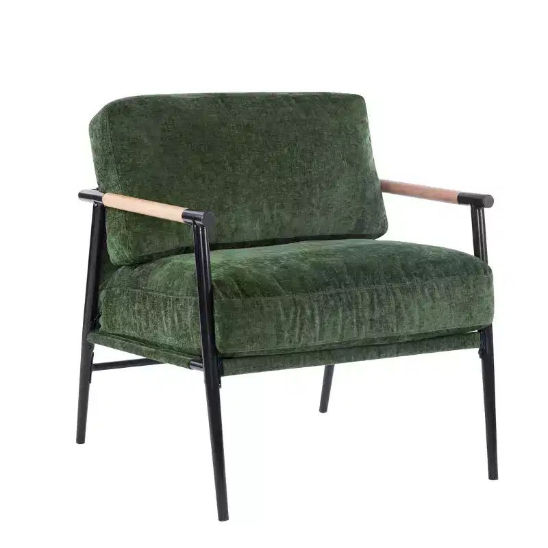 27.56-Inch Modern Accent Chair with Plush Cushions, Metal Frame and Wooden Armrests, for Various Rooms