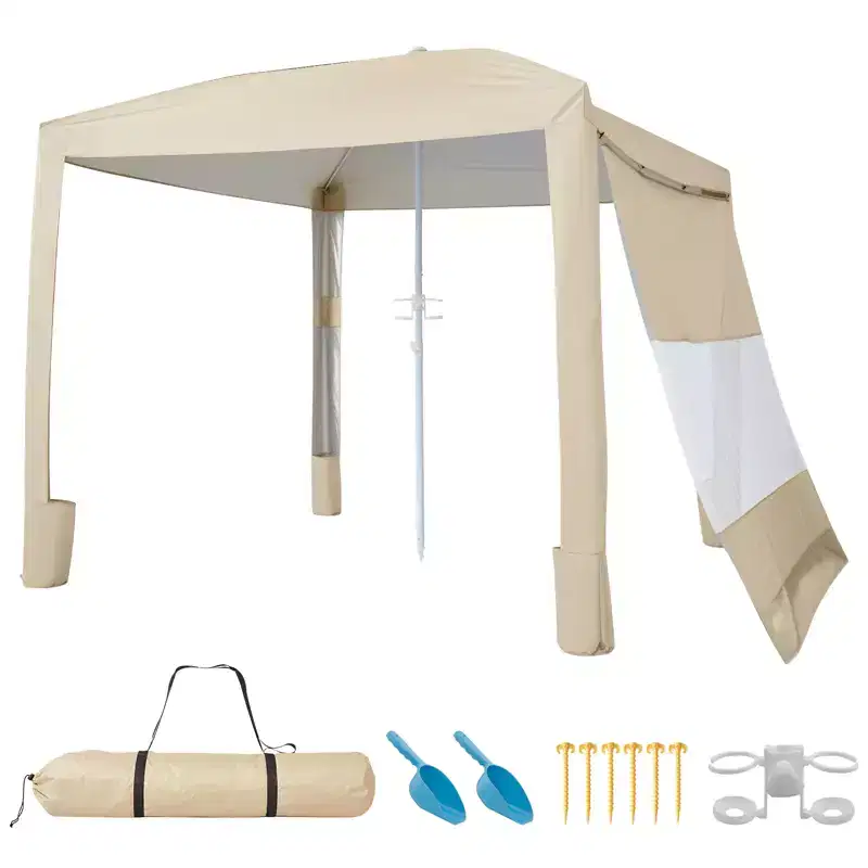 VEVOR Beach Cabana, 8 x 8 ft Beach Canopy with Side Wall, UPF 50+ Protection Easy Setup Cabana Tent with Sand Pockets, Adjustable Height, Beige