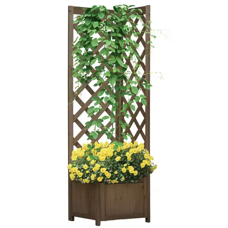 Outsunny Rustic Corner Planter with Trellis, Wooden Raised Garden Boxes Flower Bed for Backyard, Patio, Deck, Corner Use