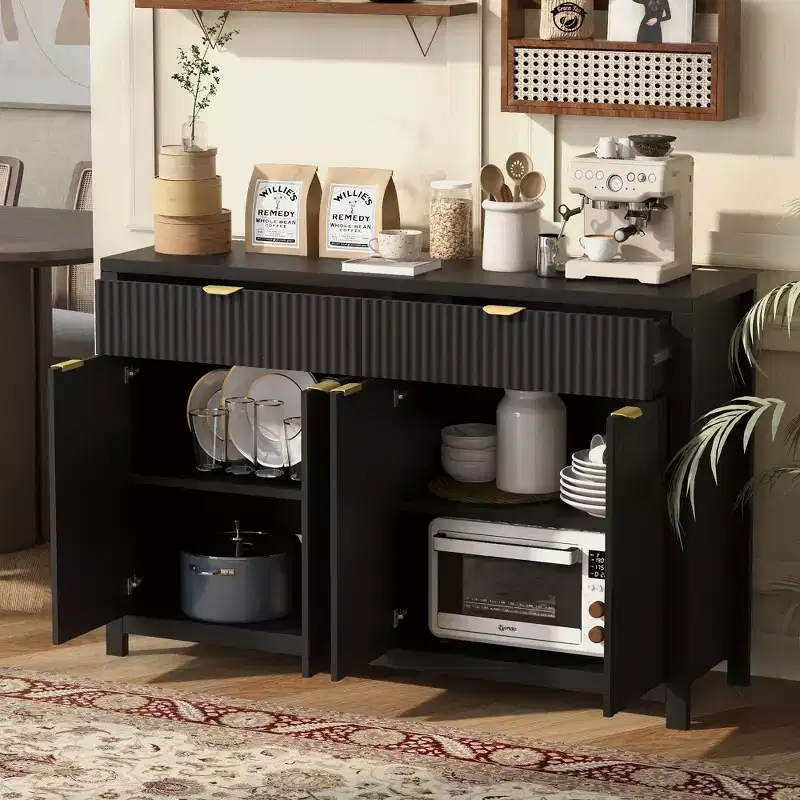Modern Wave-Pattern Sideboard Cabinet, Multi-Purpose Fluted Cabinet, Kitchen Storage with Drawers & Adjustable Shelves for Kitchen, Dining Room