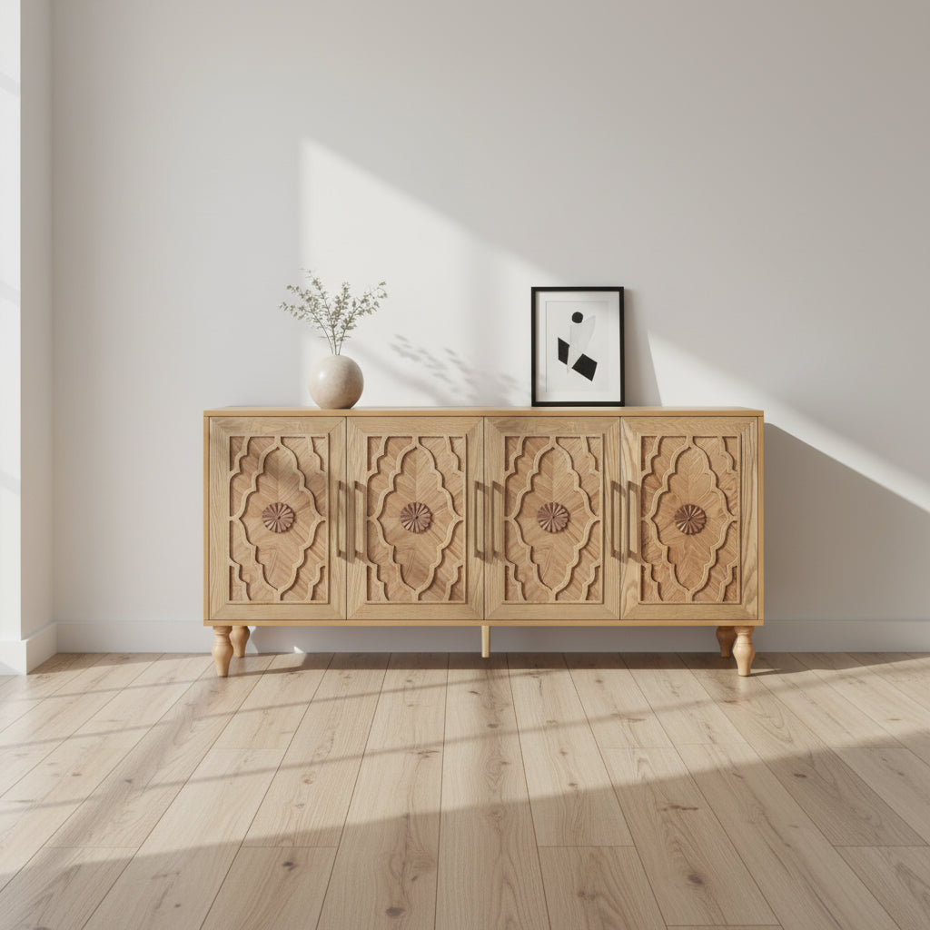 Large Storage Cabinet – Black / Natural Wood, Carved Flower Doors, Metal Handles, Rustic Modern Style