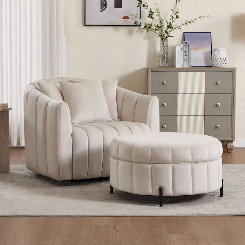 Beige / Green / Black / Navy Velvet 360° Swivel Barrel Accent Chair with Storage Ottoman for 1 Person