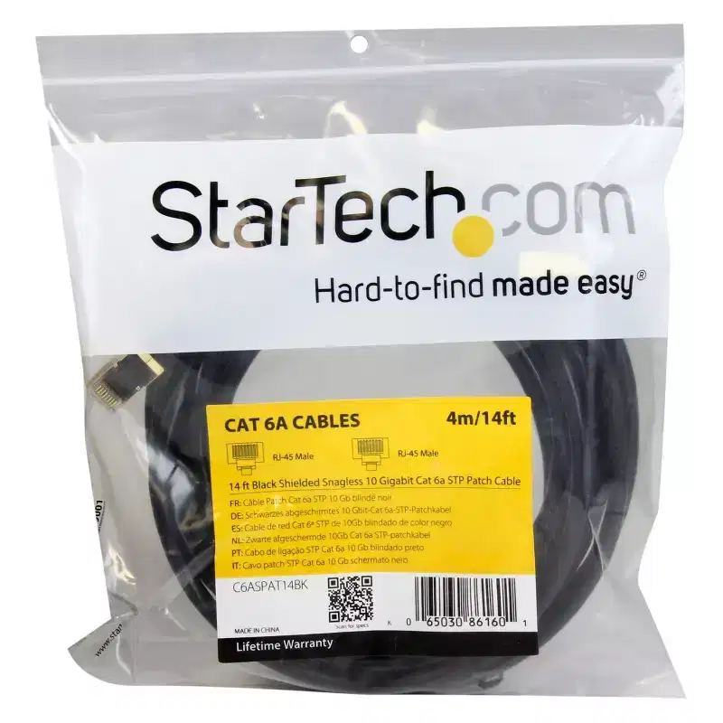 StarTech.com 14 ft Black Shielded Snagless 10 Gigabit Cat 6a STP Patch Cable - Model C6ASPAT14BK