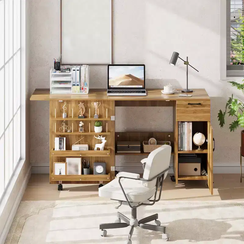 Brown / White Folding Sewing Table, Single-User Craft Station with Storage & Lockable Wheels