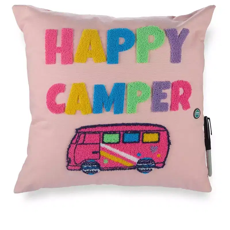 Memoi Girls Plush-Embroidered Happy Camper Autograph Pillow with Marker Peachy Pink One Size