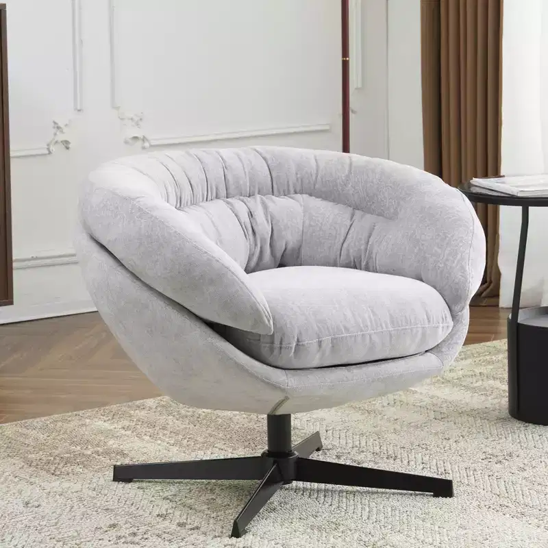 Accent Chair, Modern Chenille Office Chair, Swivel Accent Chair with Removable Cushion, Round Office Chair, Metal Base and Cotton Material