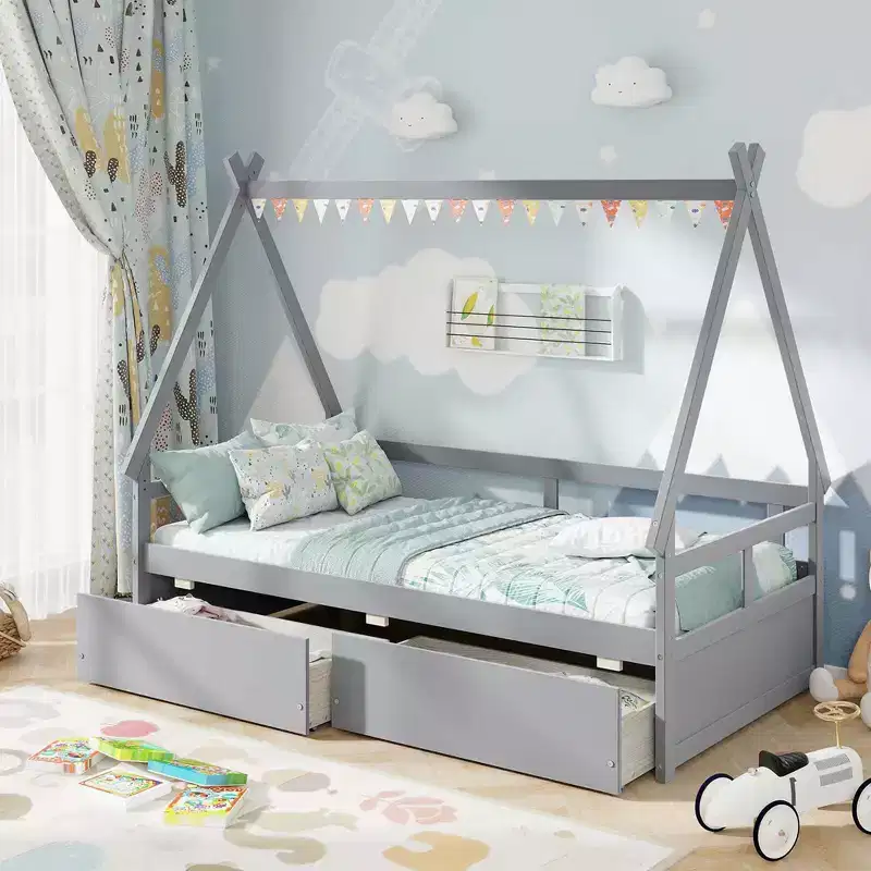 Costway Twin Size House Bed with Roof Safety Guardrail 2 Storage Drawers Wood Slat Support White/Gray