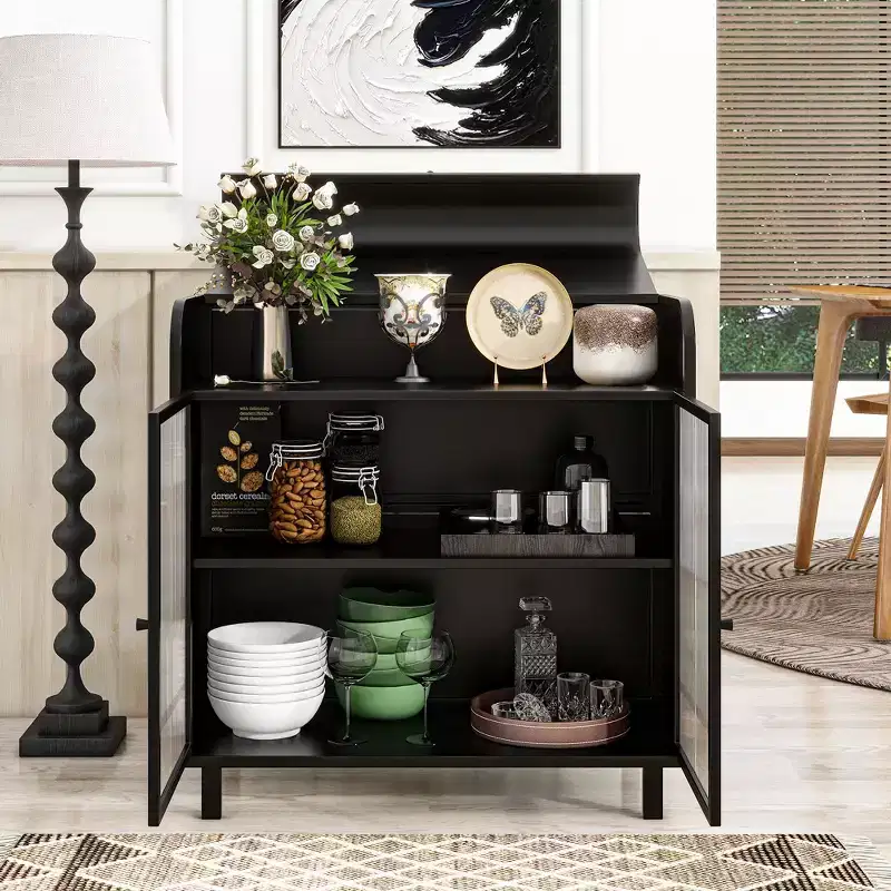 Modern Sideboard Buffet Cabinet with Tempered Glass Doors & Flip Top