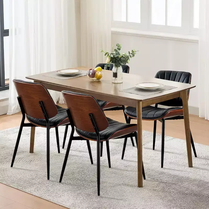 Dining Chairs Set of 4, Mid-Century Modern Upholstered Retro PU Leather Kitchen Chairs with Walnut Bentwood Back for Kitchen Dining Room
