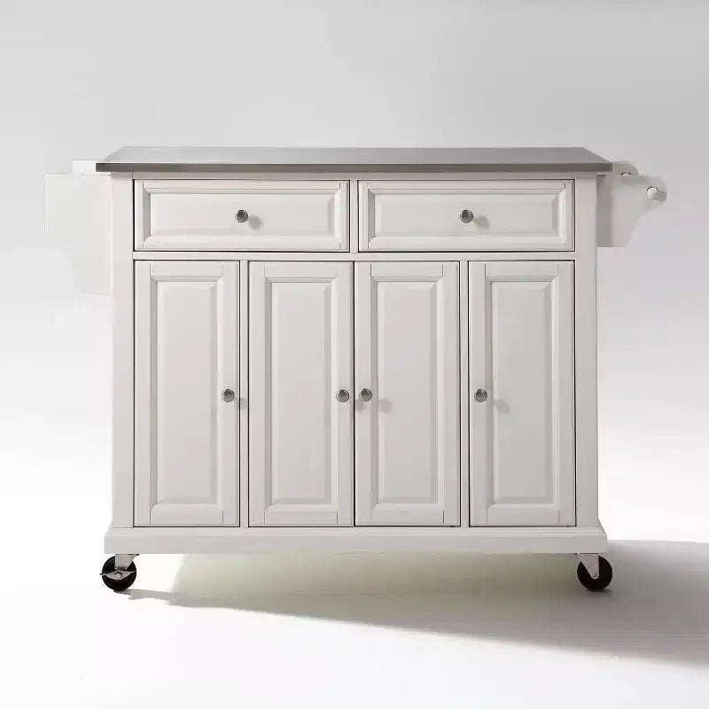 Full Size Stainless Steel Top Kitchen Cart White, Mobile Storage with 3 Cabinets and Spice Rack