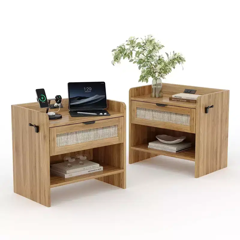 23.6w Rattan Night Stand Set of 2, Modern Side Tables with Charging Station, End Table with Storage Drawer, Open Storage Space for Bedroom