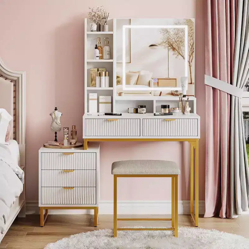 Acekool Vanity Desk with Mirror and Lights, 5 Drawers, Removable Side Storage Cabinet, Stool, 3-Color LED, Makeup Table, White & Gold