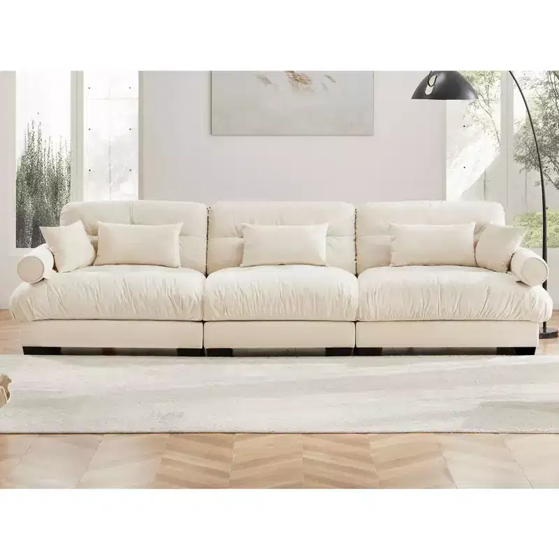 MAYEERTY Extra Large 3 Seat Modern Velvet Sofa Cloud Like Comfortable Seat and Back Support with Waist Pillows and Throw Pillows Cream