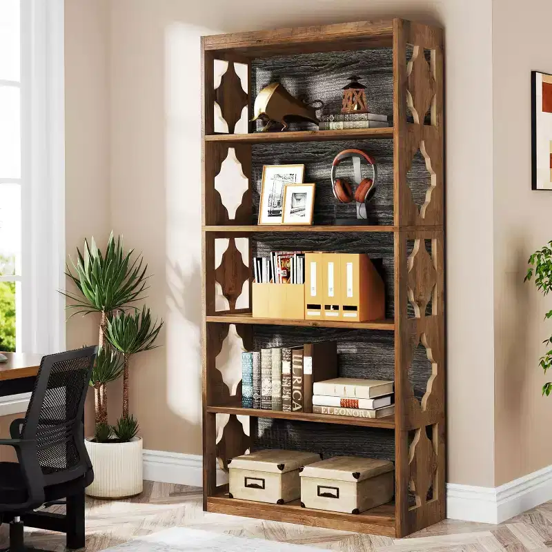 Lantine 6-Tier Bookcase, 70-Inch Tall Freestanding Bookshelf with Storage Shelves, Wood Display Shelving Unit for Living Room, Vintage Brown & Gray