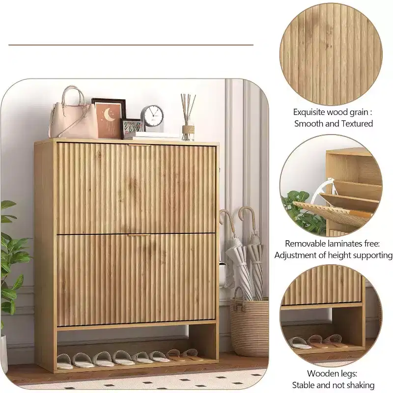 Shoe Cabinet, Entryway Cabinet  2-Pack Oak Fluted Cabinets with Flip Drawers Open Shelf Side Hooks Slim