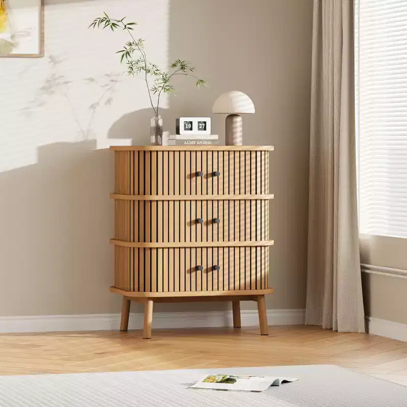 3-Drawer Dresser with Sliding Doors, MDF Construction, Matte Black Handles and Wooden Legs