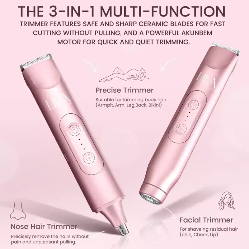 LILA by AKUNBEM Glow G1 Pro 3-in-1 Women's Bikini Trimmer, Facial Shaver & Nose Hair Trimmer - Waterproof, Portable, with USB Charging