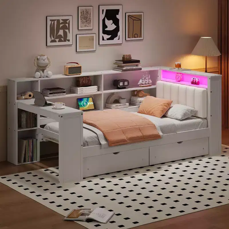 Twin/Full Corner Bed with Storage Shelves & Drawers, Wood Corner Bed Frame with Charging Station & LED, Desk & Upholstered Headboard