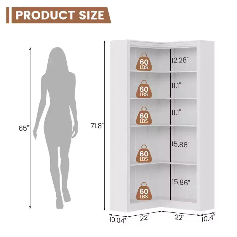 71.8'' Tall Corner Bookshelf, 5 Tier L-Shaped Bookshelf, Farmhouse Bookcases with Storage for Living Room Home Office,White