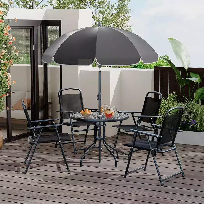 Coolmee 6 Pieces Outdoor Dining Set with Umbrella, Patio Table and 4 Folding Chairs with Umbrella, Tempered Glass Top Dining Table