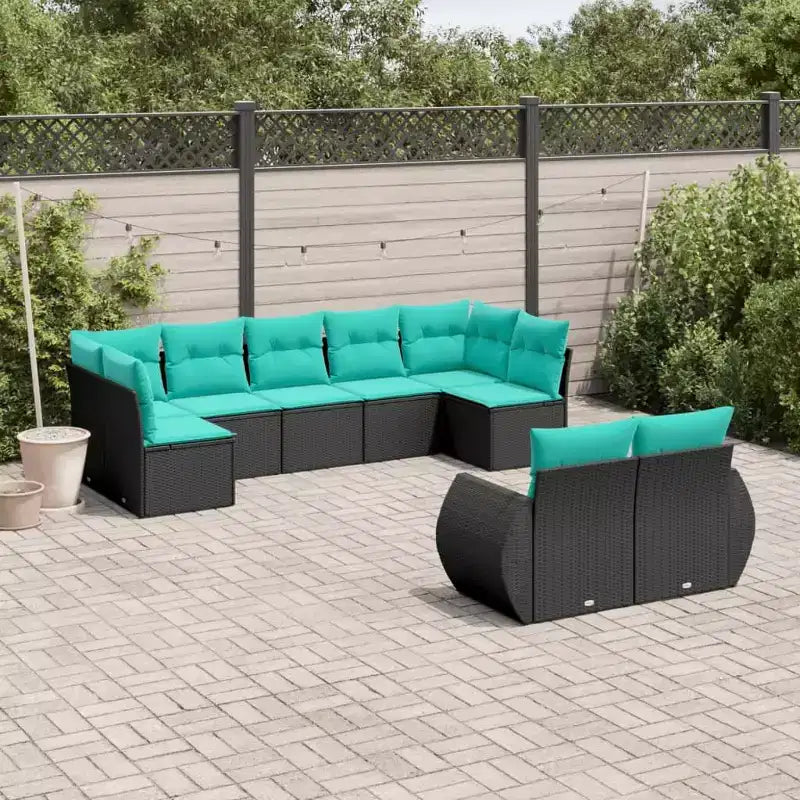 vidaXL Patio Sofa Set Black Poly Rattan 9-Piece Set Adjustable Feet - Black and Blue Without Table