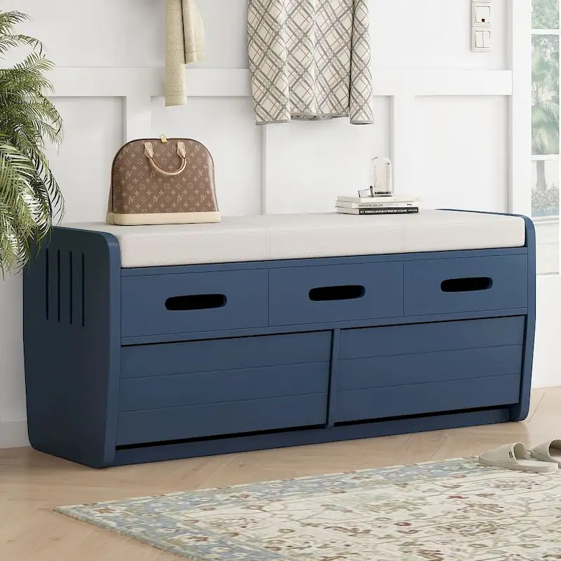 43 Farmhouse Acacia Wood Upholstered Storage Bench with 5 Drawers