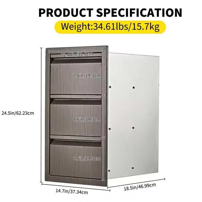 Stainless Steel Triple Drawer Unit, Flush Mount 14W for Outdoor Kitchen Island