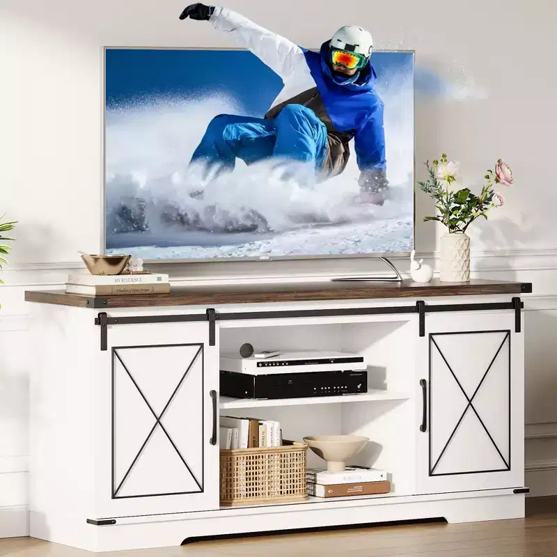 65 Farmhouse TV Stand Console Table with Sliding Barn Doors, Adjustable Shelf & Storage Cabinet for Living Room Bedroom, Entertainment Center