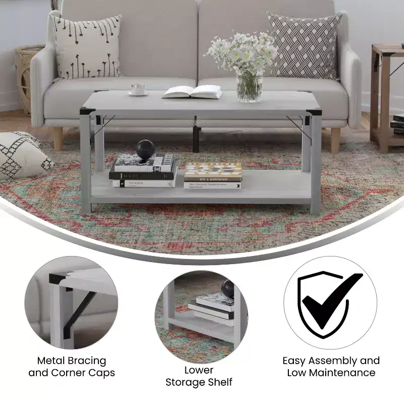 Merrick Lane Modern Farmhouse Engineered Wood Coffee Table and Powder Coated Steel Accents