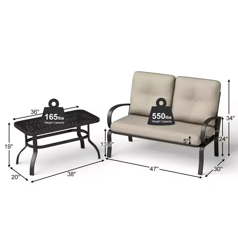 Costway 2 Pcs Patio LoveSeat Coffee Table Set Furniture Bench With Cushion