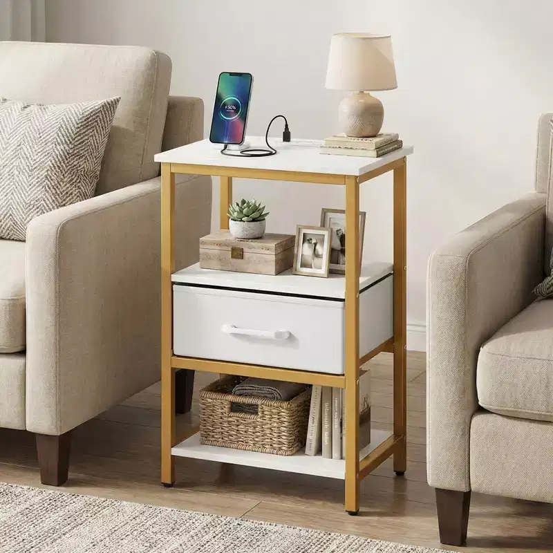 Costway Nightstand w/Charging Station Set of 2 w/Fabric Drawer & Open Storage Shelves