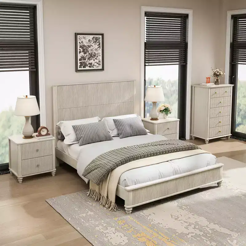 GDFStudio Doris 4 Piece Fluted Wood Bedroom Furniture Set