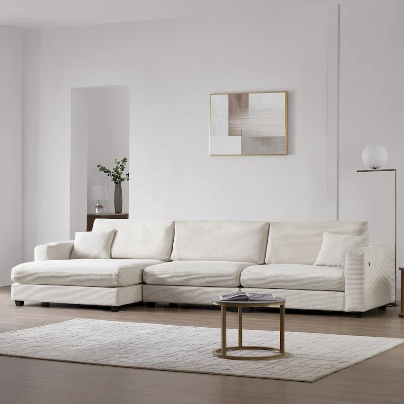 Oversized Corduroy Sectional Sofa,L Shaped Cloud Couch with USB Charging Port,Cup Holder,Deep Seat Sofa Bed with 50 Chaise