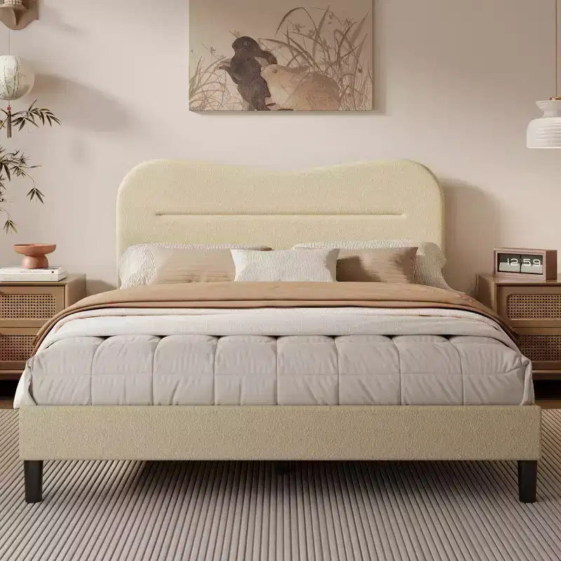 Queen Size Bed Frame with Headboard Beige Teddy Boucle Fabric Upholstered Platform Bed Soft Cloud Marshmallow Design No Box Spring Needed Wood Slats