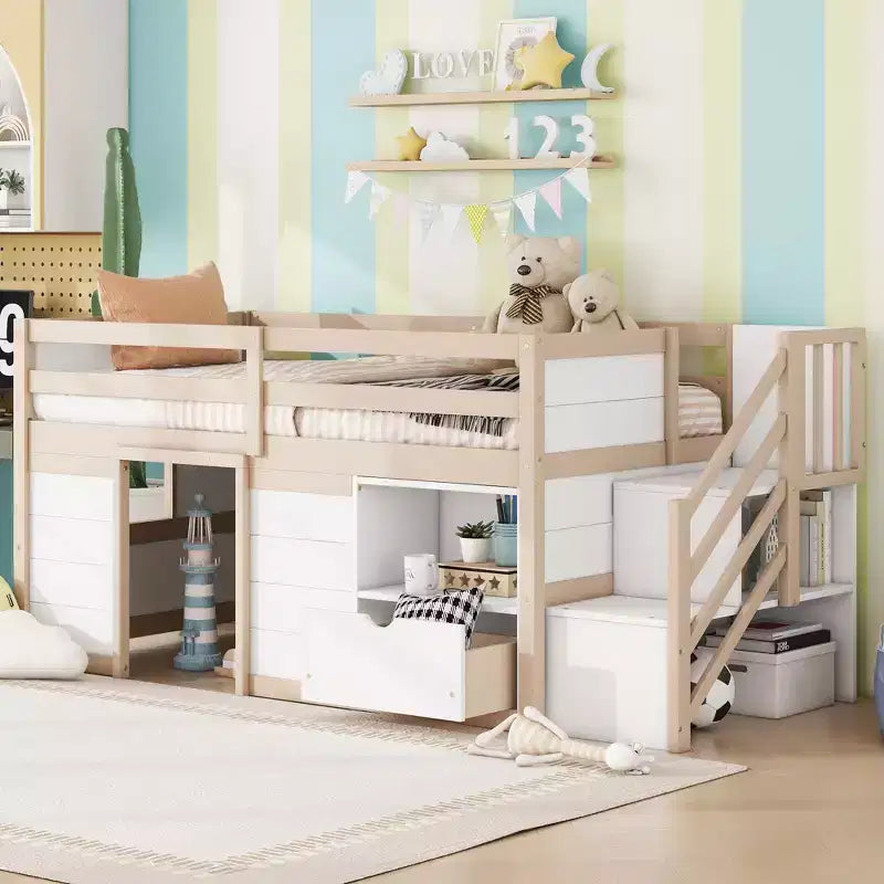 94.6L x 42.3W Solid Wood Twin Size Low Loft Bed With Stair, Drawer And Shelf, Modern & Clean Design