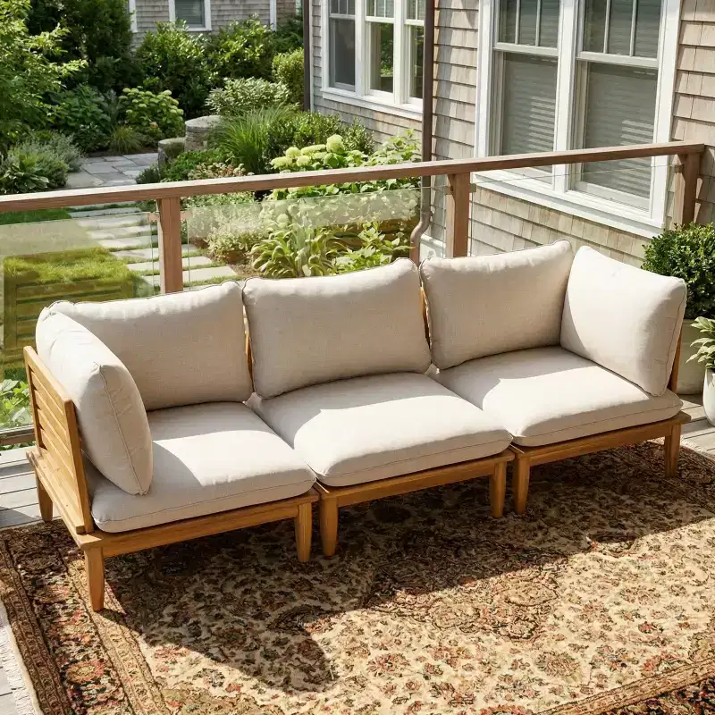 Christopher Knight Home Sacova Outdoor Acacia Wood 3-Seater Sofa, Teak Finish Frame with Beige Cushion