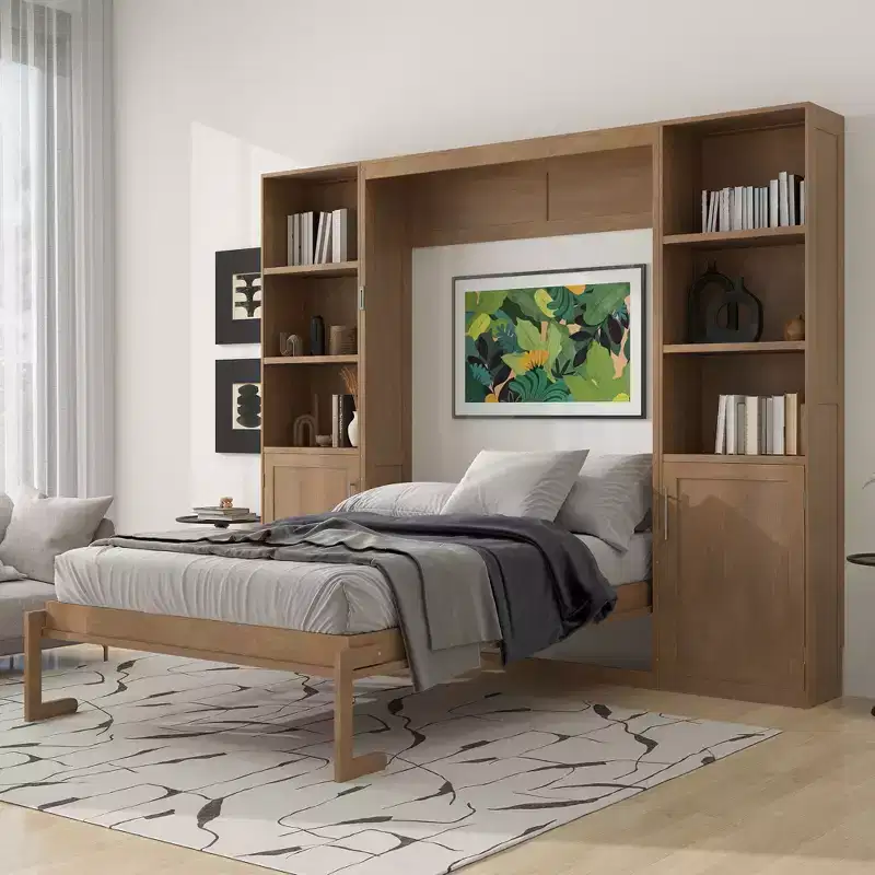 Queen Size Murphy Bed with Cabinets, Wooden Queen Cabinet Bed Wall Bed with Storage Shelves, Folding Wall Chest Bed for Bedroom Guest Room, Wood
