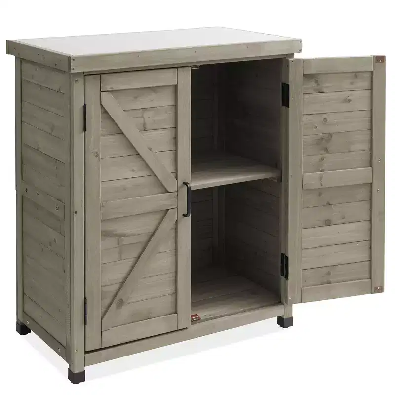 Casafield Outdoor Storage Cabinet and Potting Bench with Metal Tabletop and Storage Cabinet - Wooden Outdoor Garden Patio Workstation Table