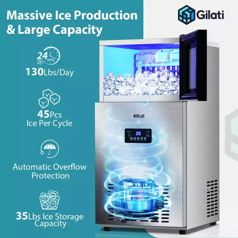 Denjol Stainless Steel Ice Maker - 130LBS per Day, 35LBS Storage, Compact Countertop Design