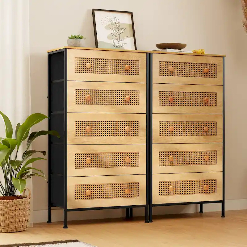 5-Drawer Faux Rattan Storage Dresser �C Steel Frame Fabric Bedroom Tower