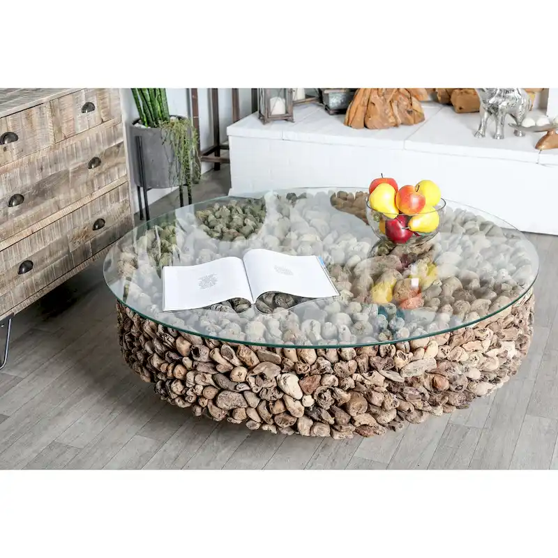 Driftwood Handmade Collage and Pedestal Base Coffee Table with Tempered Glass Top - Brown - Roche River Decor