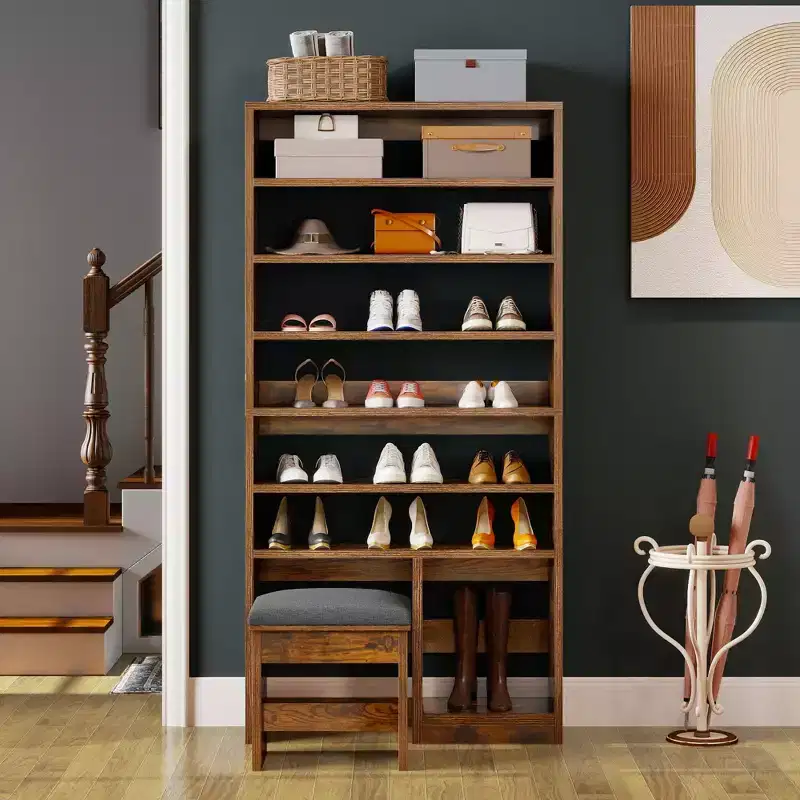White / Rustic Brown 8-Tier Shoe Cabinet with Bench, Open Storage & Boot Cubby