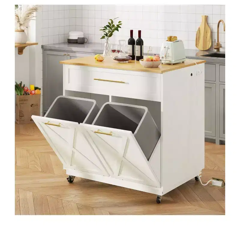 Rolling Kitchen Island With Double Tilt Out Trash Can Cabinet And Charging Station Utility Trolley With Drawer For Kitchen (Not Included Trash Can)