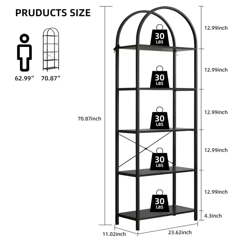 COZONY 5-Tier Arched Bookshelf, Metal Frame with Wood Shelves, Industrial Modern Bookcase for Living Room Bedroom Office