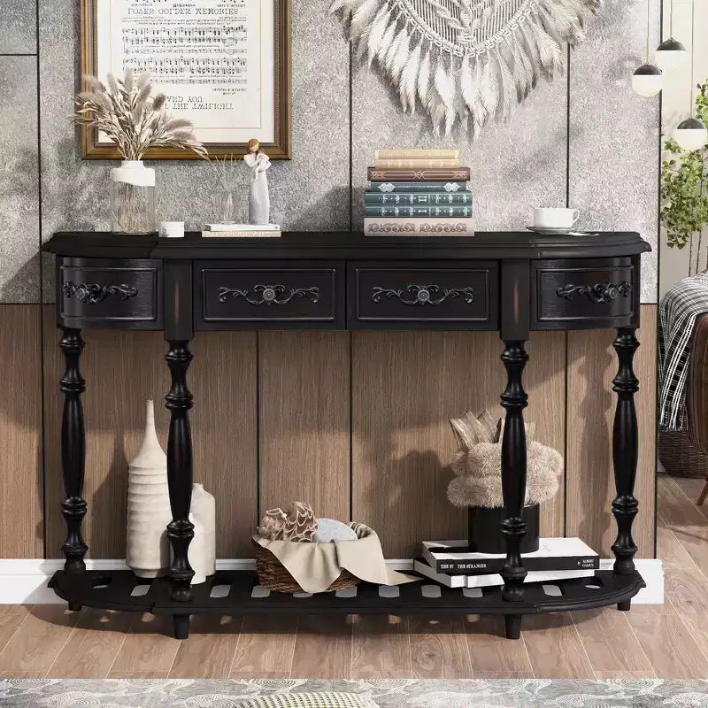 Okak 52IN Vintage Curved Console Table with Exquisite Carvings, Entryway Table with 4 Drawers and 1 Shelf, Accent Table for Living Room, Black