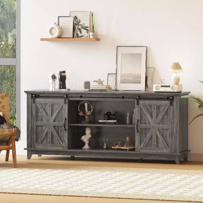 66 inch Farmhouse TV Stand for 75 Inch TVs, Media Console with Sliding Barn Door, Power Outlets & Adjustable Storage Cabinets
