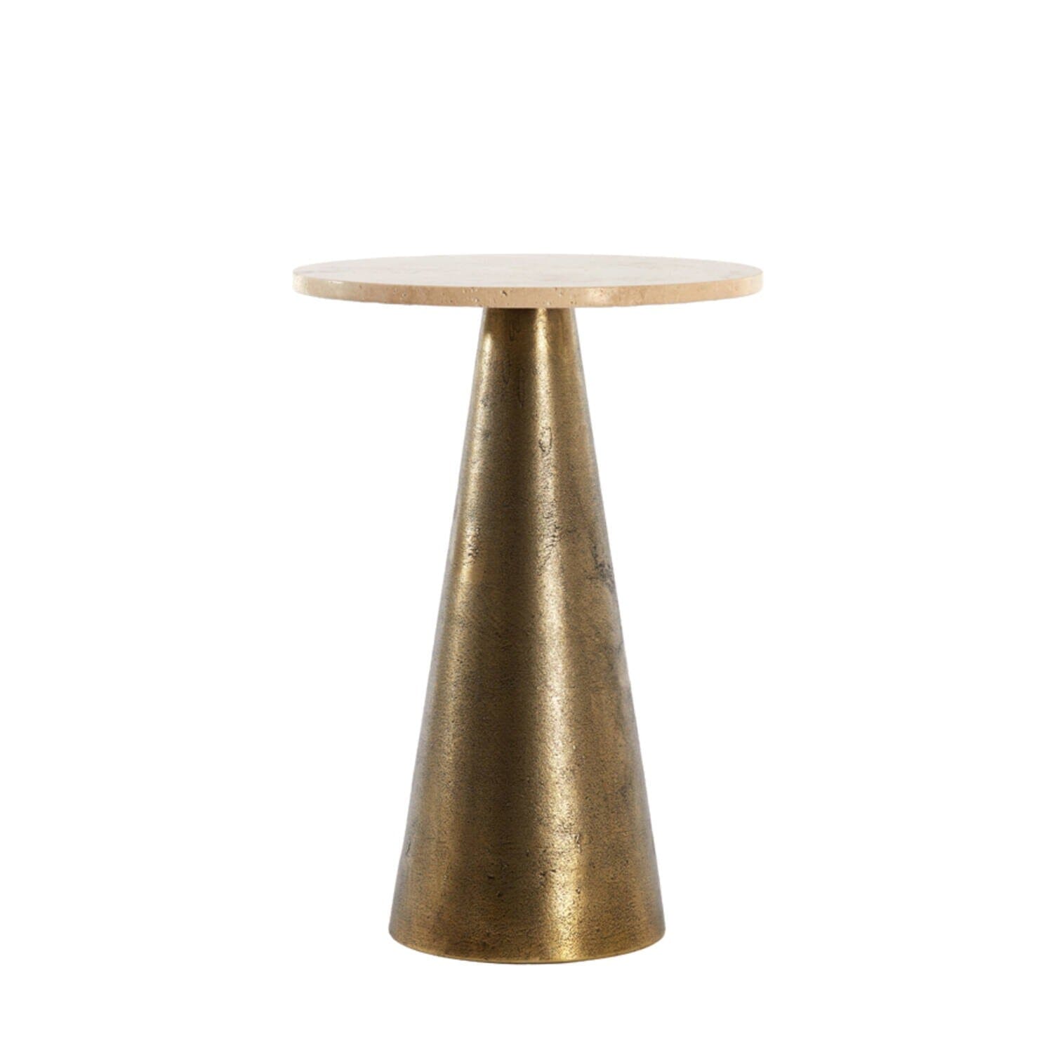 Large Antique Brass Round Side Table with Travertine Top