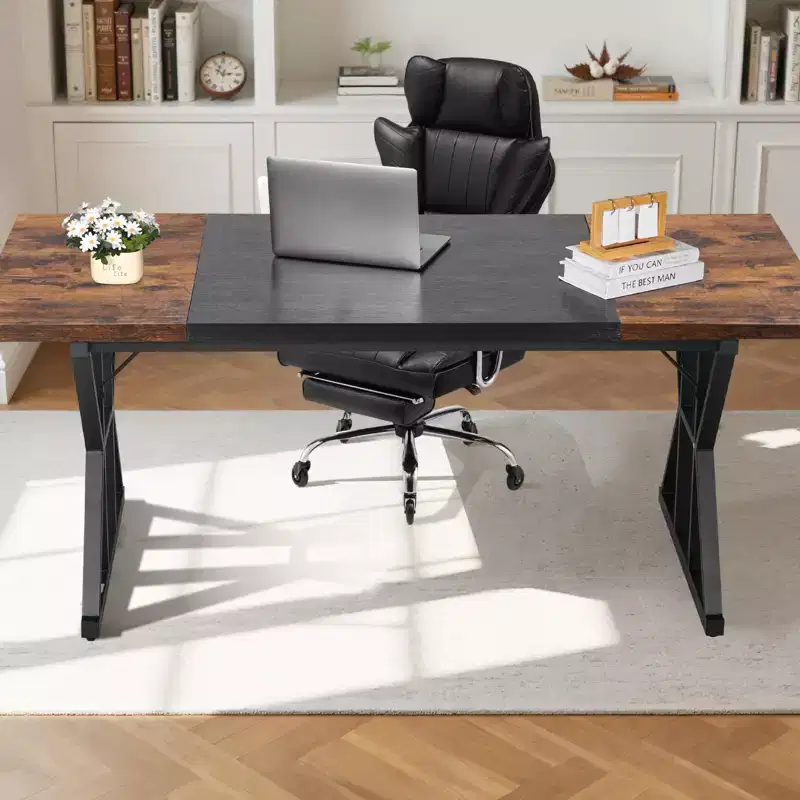VEVOR Executive Desk 70.9 x 31.5 inch, Large Computer Desk PC Workstation for Home Office, Wood Laptop Study Writing Table Metal Frame, Brown+Black