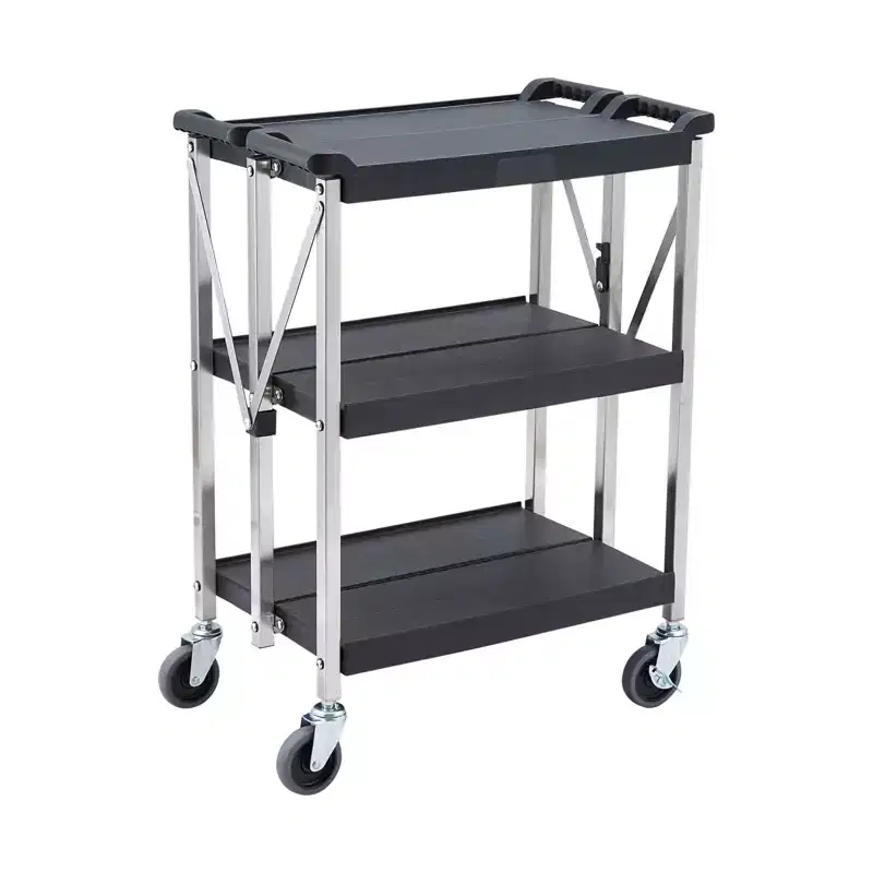 3-Tier Foldable Utility Cart with Wheels  Heavy Duty Stainless Steel Rolling Storage Organizer for Kitchen, Garage, Workshop & Restaurant