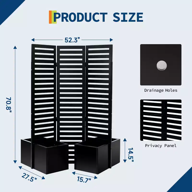 Outdoor Privacy Screen with Planter, 3-Panel Independent Garden Partition Fence, With Draining Raised Flower Beds, Suitable for Terraces, Balconies